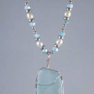 Aqua Bermuda Pendant Wrapped in Sterling Silver on a Freshwater Pearl, Larimar and Sterling Silver Chain
