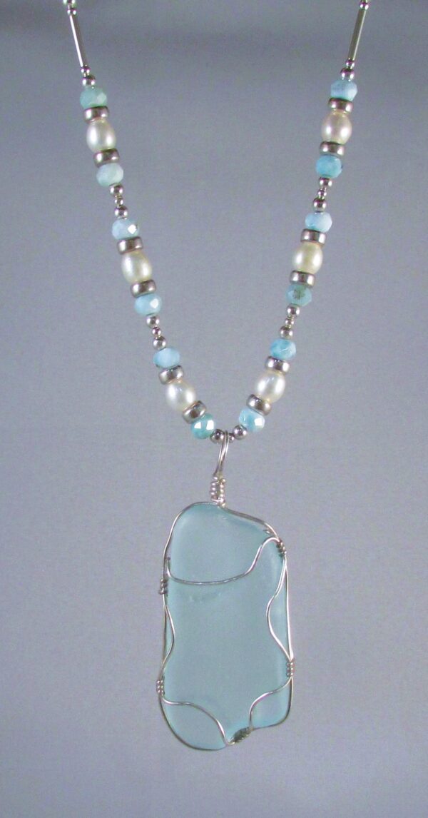 Aqua Bermuda Pendant Wrapped in Sterling Silver on a Freshwater Pearl, Larimar and Sterling Silver Chain