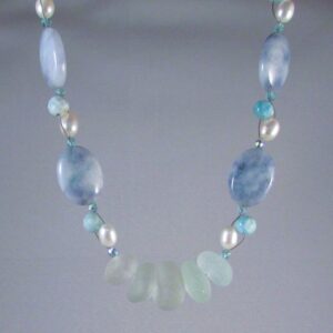 Five Piece Center-drilled California Seaglass on a Larimar, Freshwater Pearl and Sterling Silver Chain with Extenders