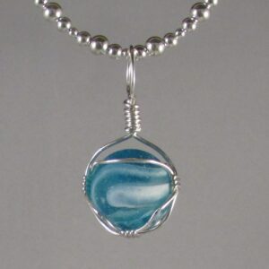 English Aqua and White Marble Pendant Wrapped in Sterling on a Sterling Silver Chain