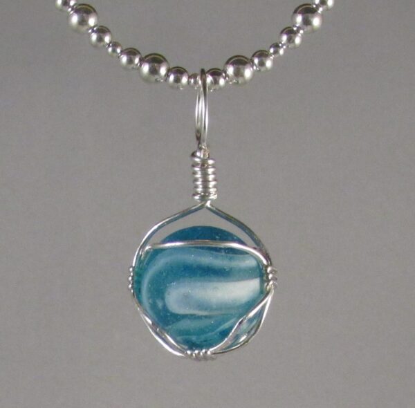 English Aqua and White Marble Pendant Wrapped in Sterling on a Sterling Silver Chain