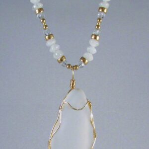 Puerto Rican Partial White Bottleneck Pendant Wrapped in Gold Fill on a Moonstone, Swarovski Crystal and Gold Fill Chain