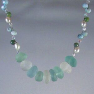 Nine Piece Center-drilled California Glass on a Floating Chain of Larimar, Freshwater Pearls, Jasper and Sterling Silver with Extenders