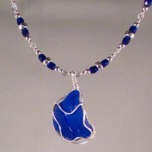 Japanese Partial Blue Bottleneck Wrapped in Sterling Silver on a Czech Glass and Sterling Silver Chain with Extenders