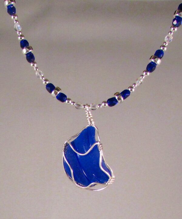 Japanese Partial Blue Bottleneck Wrapped in Sterling Silver on a Czech Glass and Sterling Silver Chain with Extenders