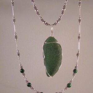 Bermuda Dark Green Partial Bottle Bottom Pendant on a Sterling Silver with Bali Silver Chain with Longer Malachite and Sterling Silver Chain