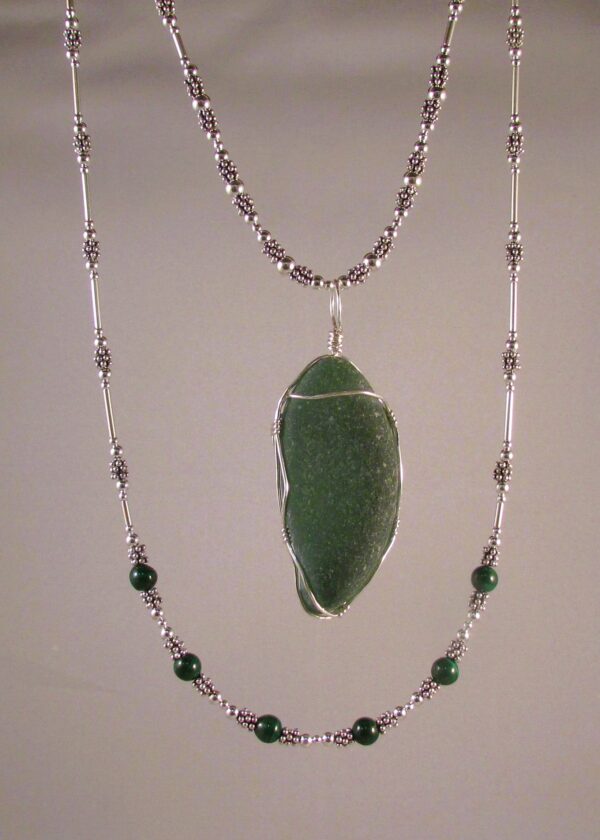 Bermuda Dark Green Partial Bottle Bottom Pendant on a Sterling Silver with Bali Silver Chain with Longer Malachite and Sterling Silver Chain