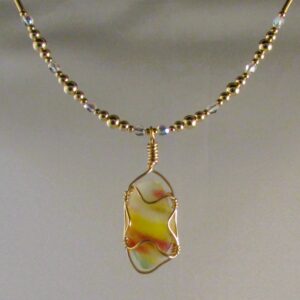 Spanish Yellow White and Earthtone Art Glass Necklace on Gold fill and Czech Glass Chain
