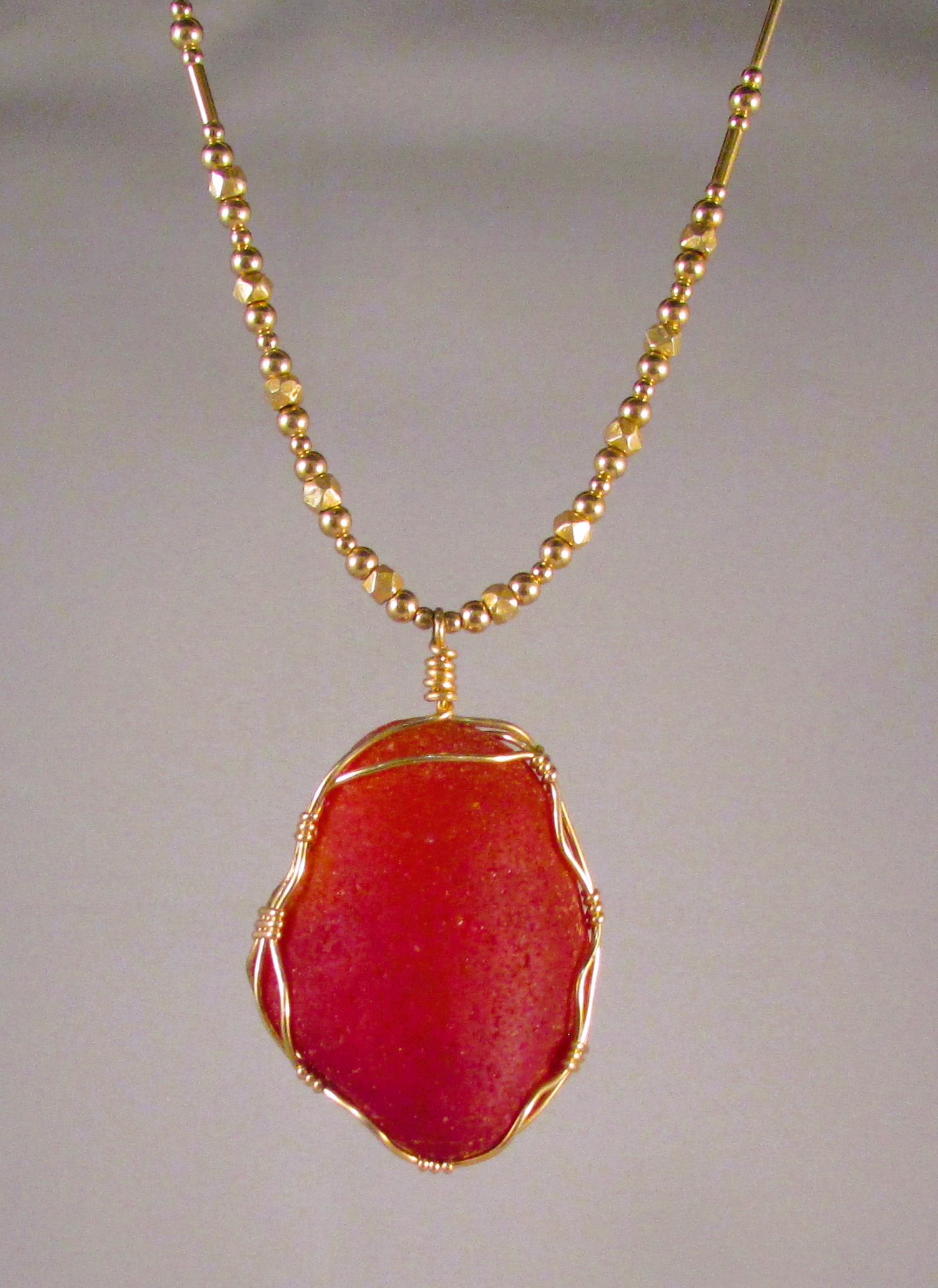 Spanish Red Glass Wrapped in Gold Fill on a Vermeil and Gold Fill Chain