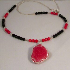 Spanish Red Pendant Wrapped in Sterling Silver on Onyx and Coral Chain with Sterling Silver Findings