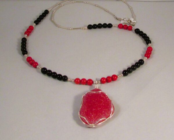 Spanish Red Pendant Wrapped in Sterling Silver on Onyx and Coral Chain with Sterling Silver Findings