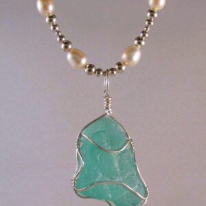 Spanish Aqua Patterned Pendant Wrapped in Sterling Silver on a Freshwater Pearl and Sterling Silver Chain