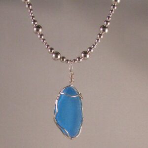 Electric Aqua Italian Parcial Bottle Pendant Wrapped in a Sterling Silver Basket on a Sterling Silver Chain